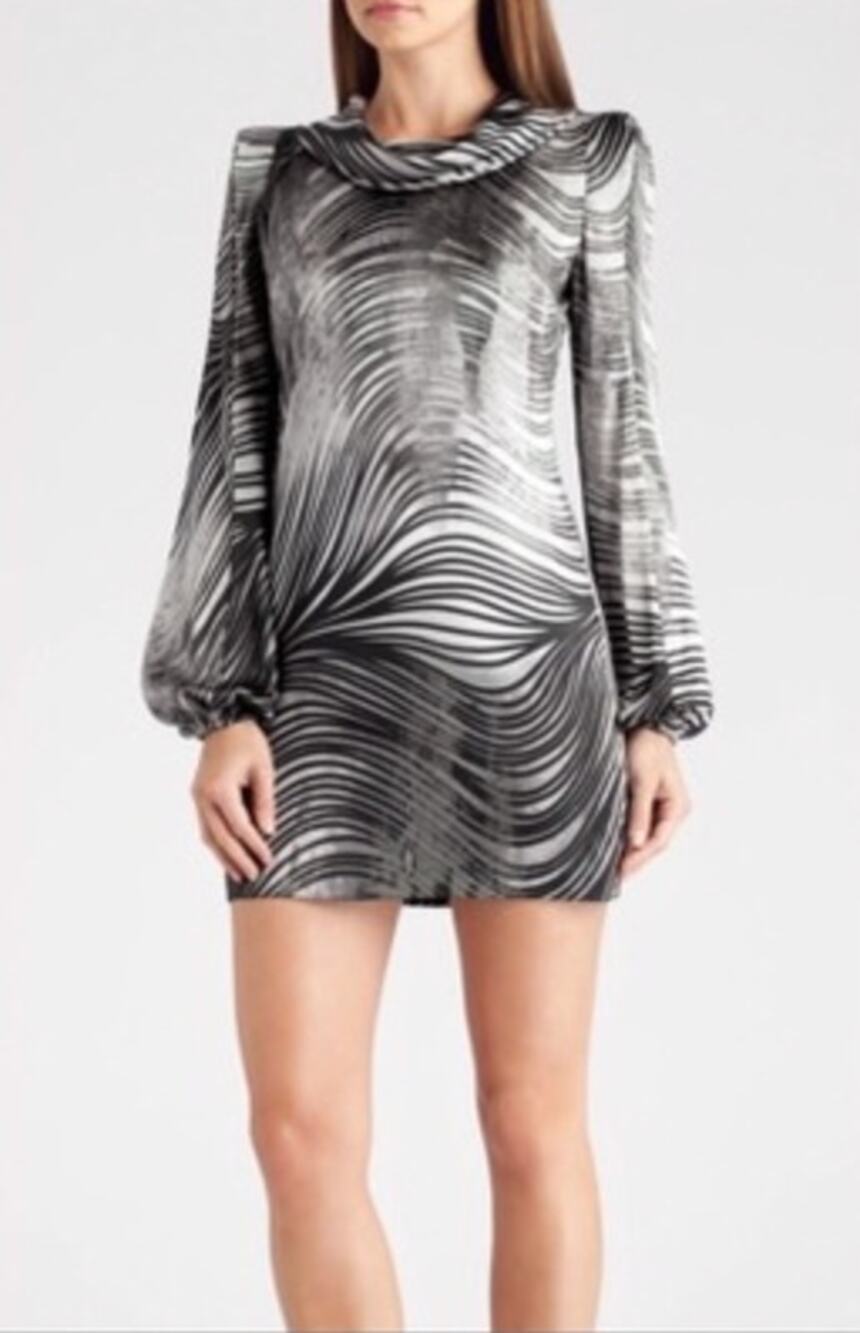MARCIANO Black White Abstract Print Silk Cowl Neck Mini Dress Size S
